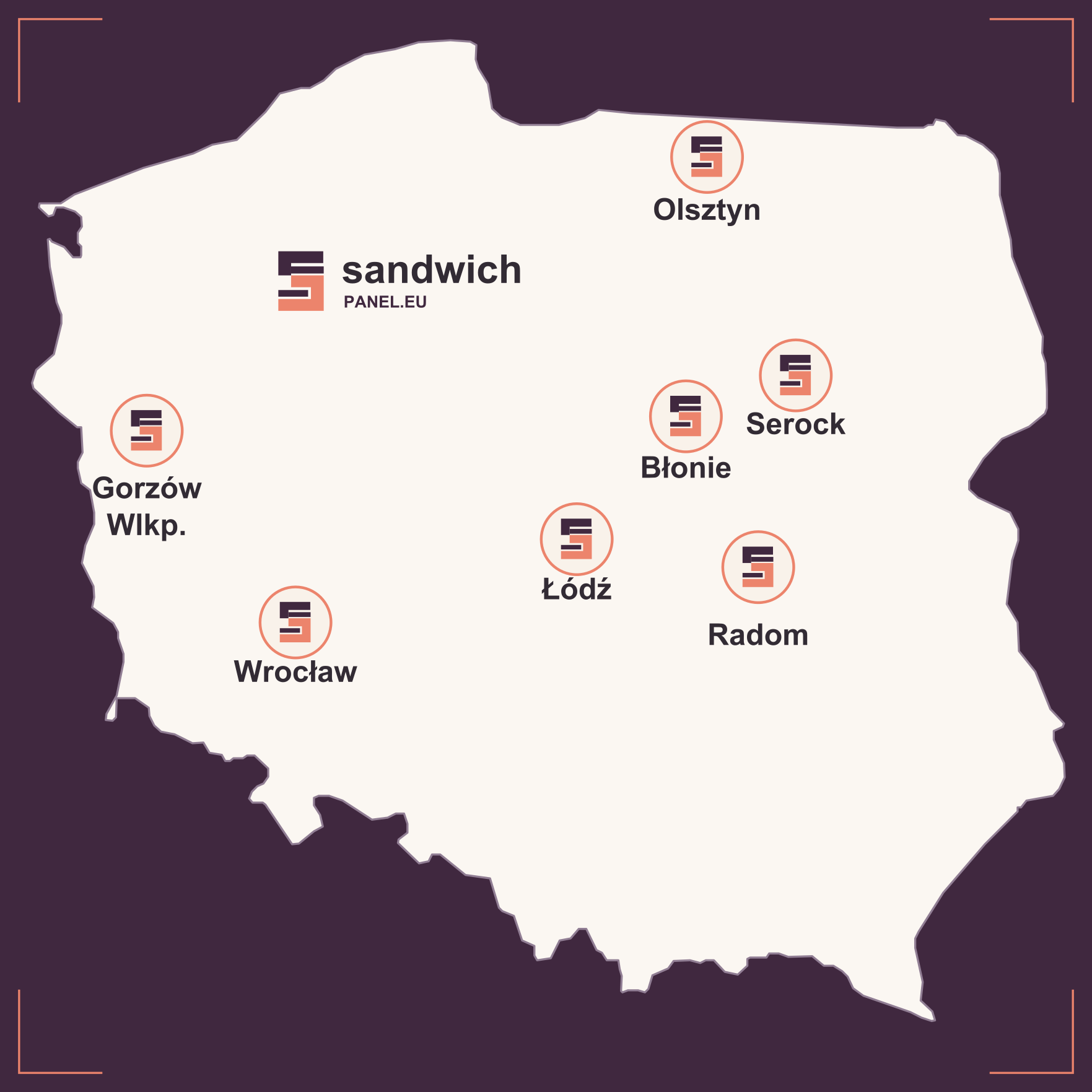 Mapa oddziałów: Olsztyn, Serock, Błonie, Łódź, Radom, Wrocław i Gorzów Wlkp.