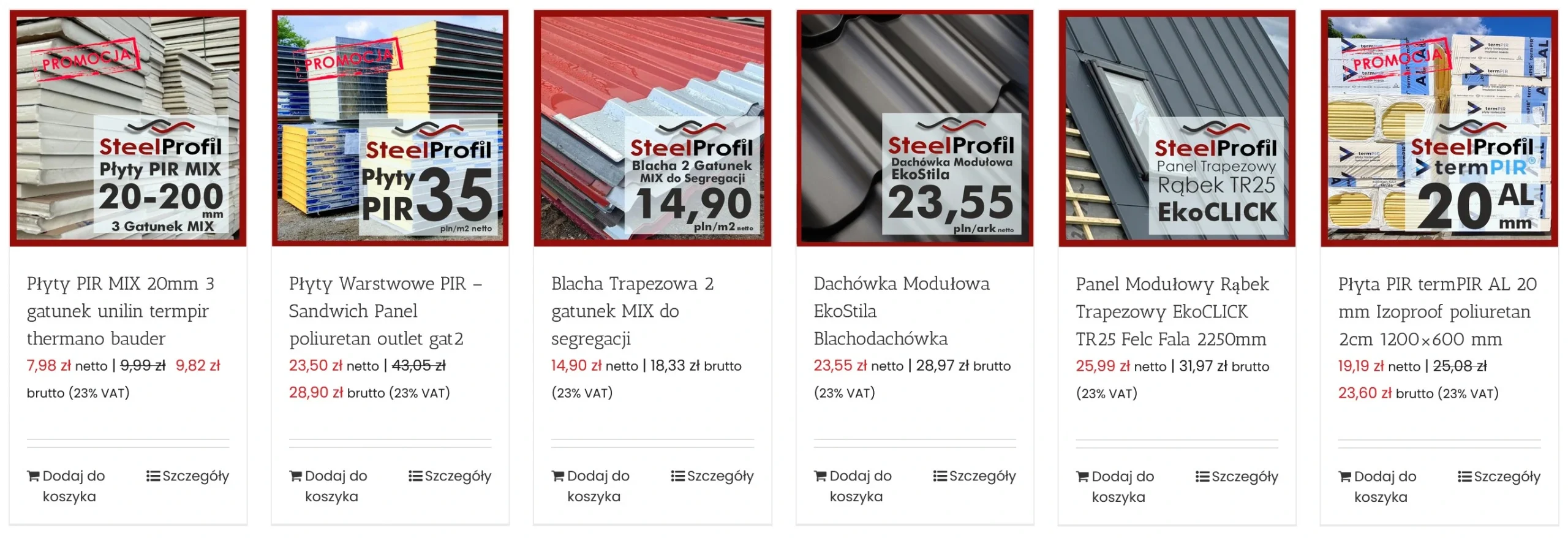 Zbiorcza grafika płyt PIR, warstwowych i blach — blachy trapezowe w promocji na Sandwich-Panel.eu.
